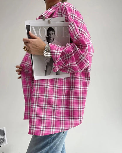 Mnealways18 Pink Brightly Plaid Shirts For Women Spring Summer 2024 Long Sleeves Classic Lapel Blouses And Tops Oversize Checked