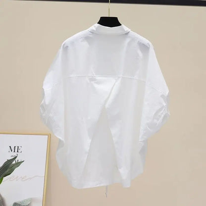 Summer New Bat Sleeve Pockets Shirt Women Loose Casual Short Sleeve Blouse Solid Lace Up Tops Half Shirts Lady High Street Trend