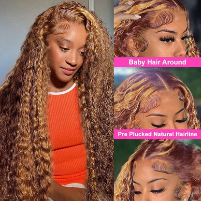 200 Density 30 Inch Highlight Honey Brown Curly  Lace Front Human Hair Wigs 13x4 13x6 Ombre Color Deep Water Wave Frontal Wigs