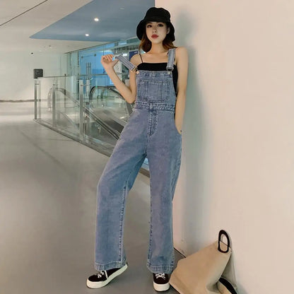 Loose Denim Overalls Stylish Women's Denim Suspender Jumpsuit with Adjustable Straps High Waist Wide Leg Fashionable Overalls