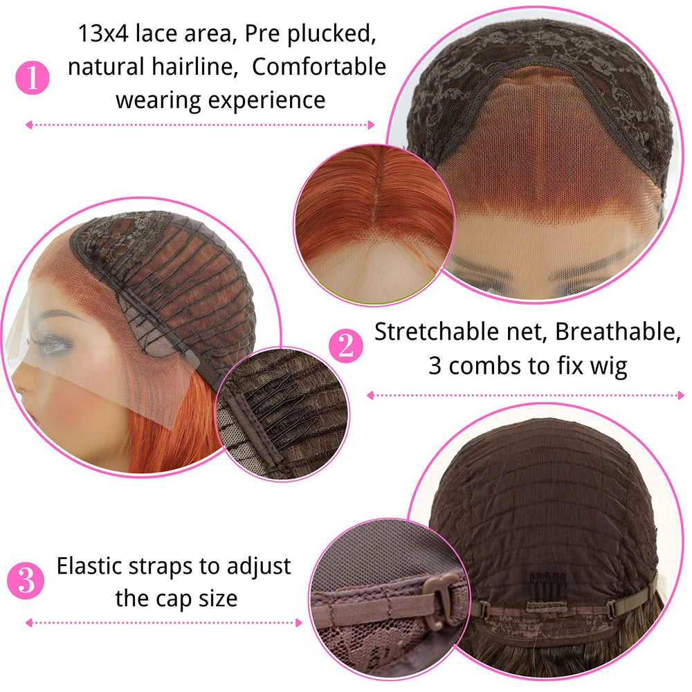 Ginger Orange Color Long Straight Hair 13*4 Lace Front Wigs Copper Red Hair Glueless Pre Plucked Synthetic Lace Front Wigs