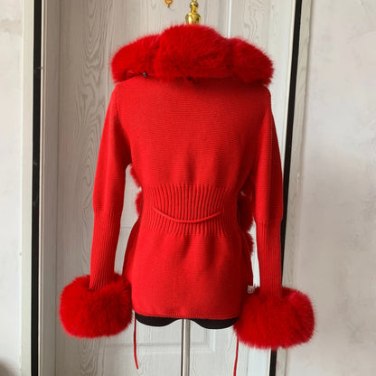 Women Faux Fur Knit Sweater cardigan Spring Autumn elegant Knitted sweater with faux fox fur collar Ladies Fashion Coat fur coat