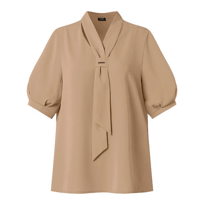 VONDA 2024 Summer Women Tops Fashion Casual Short Sleeve Chiffon Blouse Tie Shirts Loose Solid Color Tunic Blusas Femininas