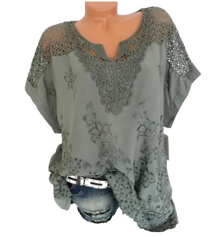 Large Size Loose Short-Sleeved Lace Women Blouses Cotton Blouses 2024 Summer V-neck White Shirt Tops Sexy Fashion Women Shirt