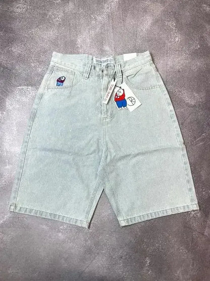 Straight Cotton Loose Embroidered Denim Shorts Men's American Retro Five Pants Summer Loose High Street Skater Pants Y2k Cargo