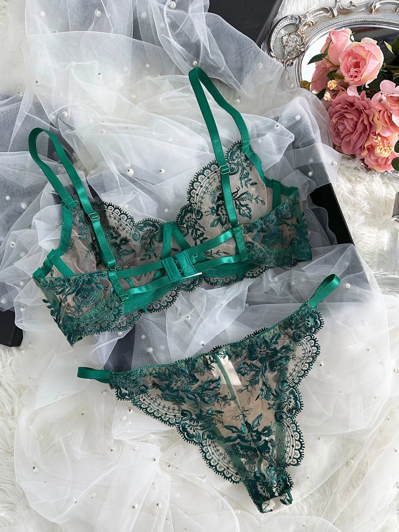 Ellolace Fancy Lingerie Lace Embroidery Fairy Seamless Tulle Underwear See Through Exotic Sets Floral Beautiful Bilizna Set