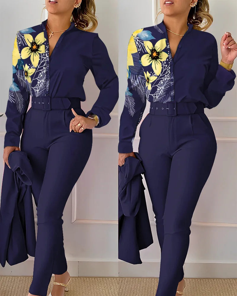 Women's elegant print shirt and pants two piece sets