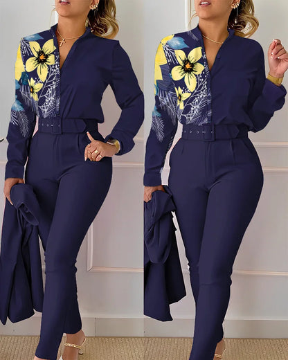 Women's elegant print shirt and pants two piece sets