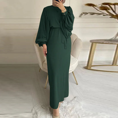 New Elegant Simple Lace-up Muslim Dress Long Sleeve Solid Color Sundress Robe Modest Muslim Robe Dress