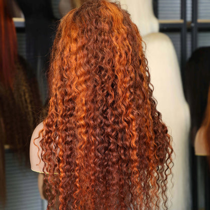Highlight 4/350 Water Wave 13x6 Lace Frontal Human Hair Wigs Brazilian Ginger Orange Brown Color 13x4 Lace Front Curly Wig 220%