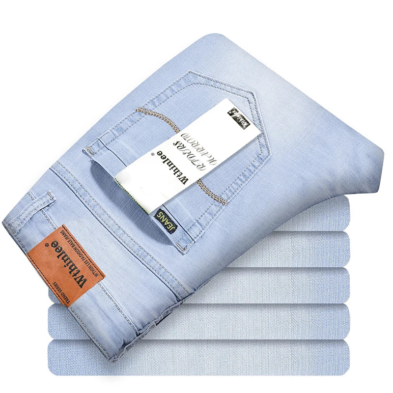 New Summer Business Men's Jeans Casual Straight Stretch Fashion Classic sky Blue  Work Denim Trousers Male Brand Clothing