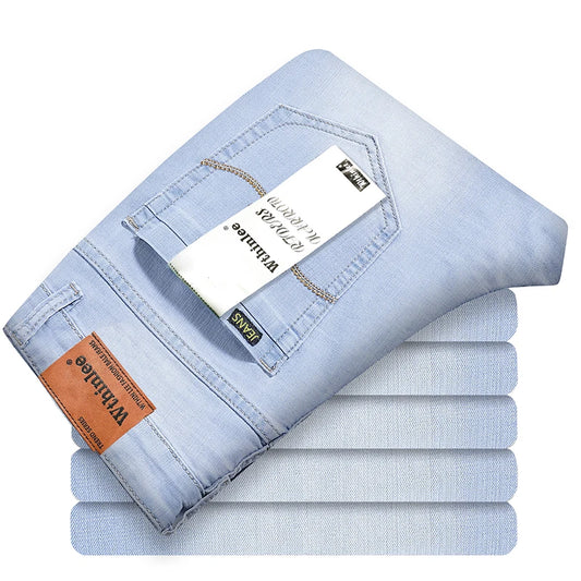 New Summer Business Men's Jeans Casual Straight Stretch Fashion Classic sky Blue  Work Denim Trousers Male Brand Clothing