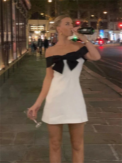 wesvypo Elegant Off-Shoulder Bowkot Wrap Mini Dress 2023 New Women Contrast Color Slash Neck Pencil Dress for Club Party Evening