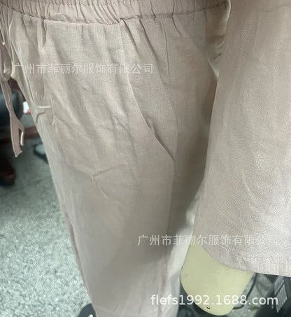 Women's Cotton and Linen Pants Suit Casual Solid Color Pullover Pants 2-piece Set White Pink
