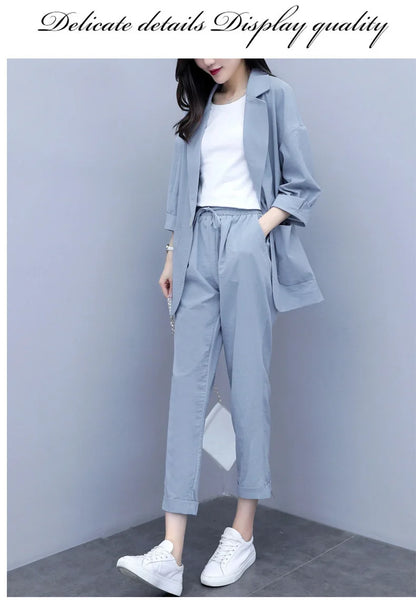 Spring and Autumn New Fashion Plus Size Women's Three Piece Suit Cotton Blended Single Button Coat Nine Point Pants Office