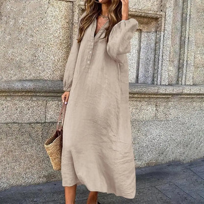 Stylish Button-breasted Dress for Women Elegant V-neck Cotton Linen Dress with Long Sleeves Button Decoration for Summer Ladies