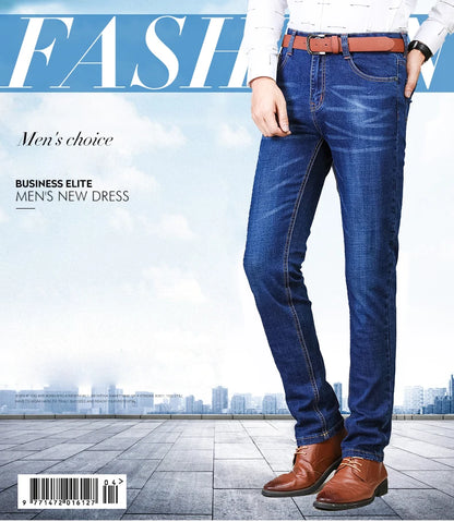 Business Men's Jeans Casual Straight Stretch Fashion Classic Blue Black Work Denim Trousers Male Brand Clothing