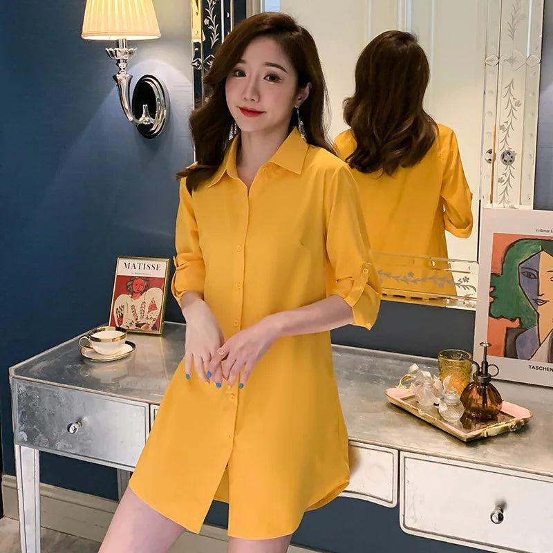 Mid-Length White Shirt Women BF Sexy Shirt Pajamas Female Skirt Ladies Tops Loose 2023 Autumn Clothing Women Shirts and Blouses