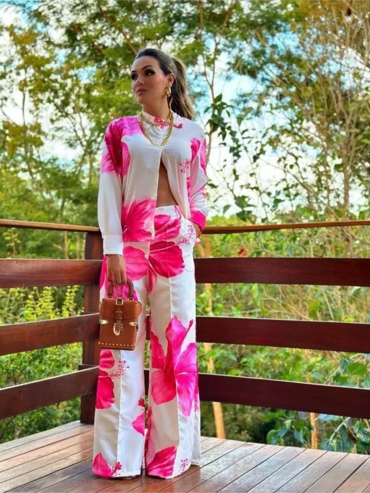 2023 Women's Casual Daily Shirt Set Floral Fashion Printed Shirt Spring Autumn Wide Leg Pants Women's Office Two-piece Set
