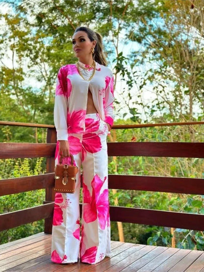 2023 Women's Casual Daily Shirt Set Floral Fashion Printed Shirt Spring Autumn Wide Leg Pants Women's Office Two-piece Set
