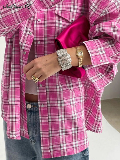 Mnealways18 Pink Brightly Plaid Shirts For Women Spring Summer 2024 Long Sleeves Classic Lapel Blouses And Tops Oversize Checked