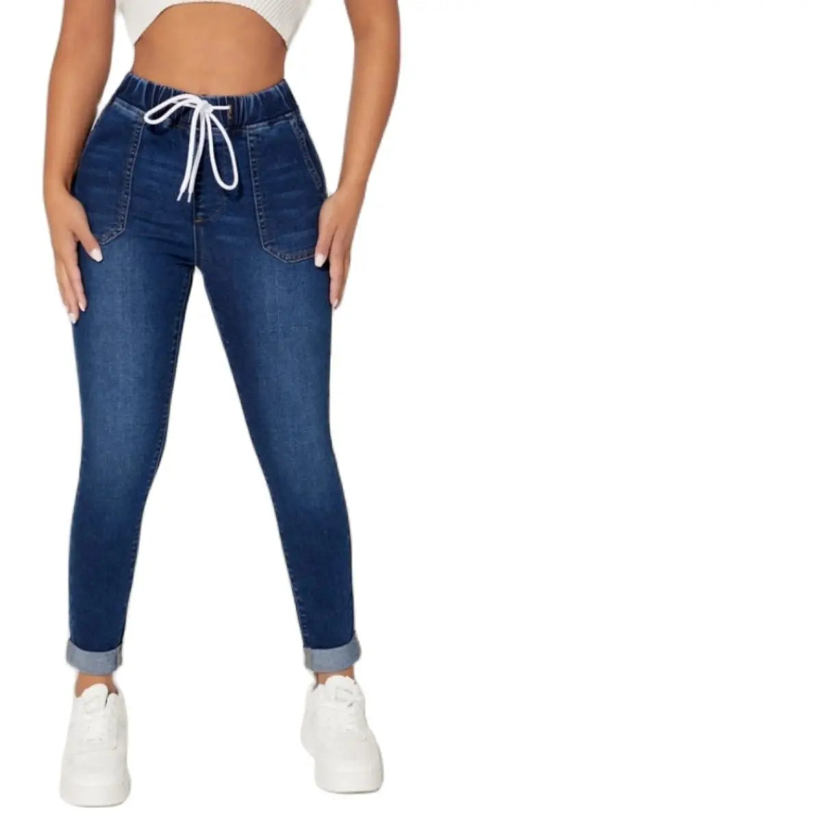 Women's winter High Stretch Elastic Waist Drawstring Jeans