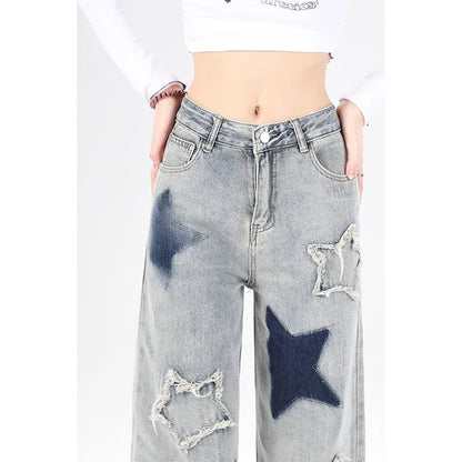 Women's Star Embroidery High Waist Cargo Jeans