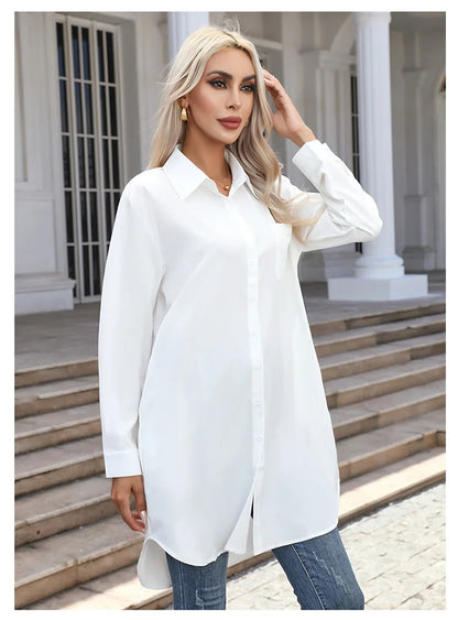 Long Shirt Women 2023 Vintage Pocket Shirts &Blouses Oversized Long Sleeve Blouse Fashion Women's Clothing Button Up Womens Tops