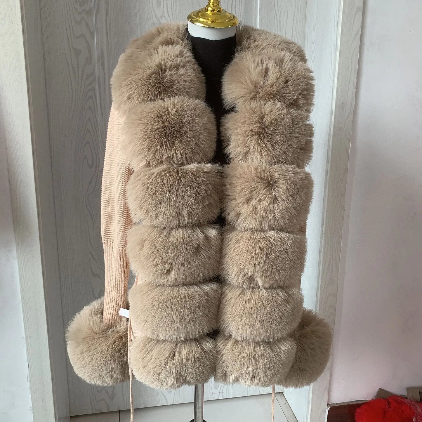 Women Faux Fur Knit Sweater cardigan Spring Autumn elegant Knitted sweater with faux fox fur collar Ladies Fashion Coat fur coat