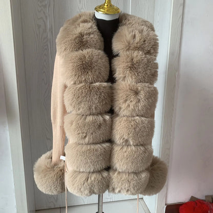 Women Faux Fur Knit Sweater cardigan Spring Autumn elegant Knitted sweater with faux fox fur collar Ladies Fashion Coat fur coat