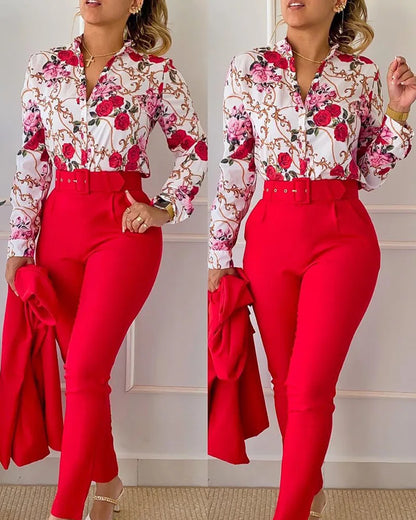 Women's elegant print shirt and pants two piece sets