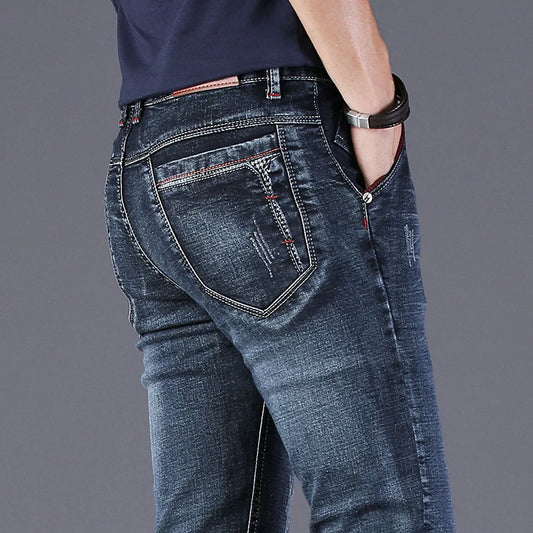 Men's Denim Jeans Classic Stretch Slim Straight-leg Trousers Casual All-match Pants Male Blue Black