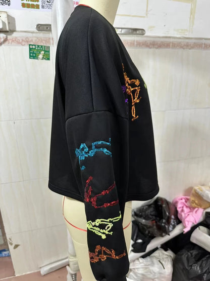 Glitter Patchwork Hoodies Vintage Tshirt Harajuku Slim Long Sleeve Streetwear Women Clothes Halloween Tee Top Autumn Winter