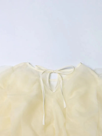TWOTWINSTYLE Solid Patchwork Folds Shirts For Women Round Neck Lantern Sleeve Spliced Lace Up Loose Pullover Blouse Female Style