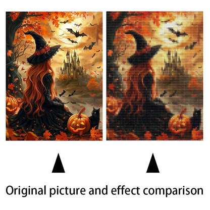 Witch 5D DIY Diamond Painting Kit Spooky Ghost Diamond Embroidery Full Diamond Mosaic Art Picture Halloween Decoration Sticker
