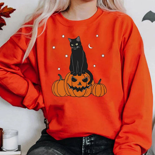 Fashion Halloween Black Cat Pumpkin Print Oversize Hoodless Pullovers For Women Autumn Winter Ladies Halloween Print Sweatshirts