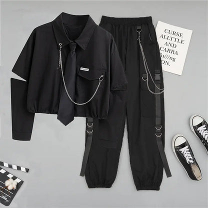Female Set Woman 2 Pieces Pants Korean Fashion Chain Streetwear Harajuku Shirt+Sweat High Waist Y2k Aesthetic Two-piece Suit