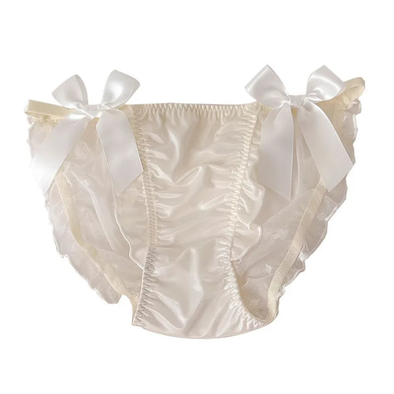 Women Sexy Satin Lace Mesh Transparent Bow Underwear Cute Lovely Sweety Princess Style Soft Panties Ruffles Breathable Breifs