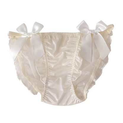 Women Sexy Satin Lace Mesh Transparent Bow Underwear Cute Lovely Sweety Princess Style Soft Panties Ruffles Breathable Breifs