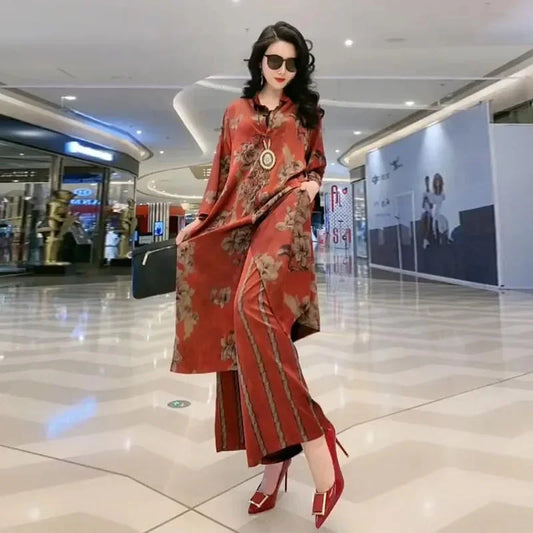 5XL Summer Sets Large Silk Wide Leg Trouser Set Women's Spring 2023 New Print Silk Fashion Slim Two Piece Set Female Elegant
