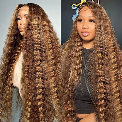 200 Density 30 Inch Highlight Honey Brown Curly  Lace Front Human Hair Wigs 13x4 13x6 Ombre Color Deep Water Wave Frontal Wigs