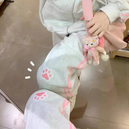 HOUZHOU Japanese Fashion Kawaii Zipper Hoodie Women Harajuku Cute Pink Cat Embroidery Oversized Hooded Sweatshirt  Winter 2023