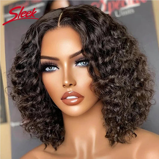 Sleek Brazilian Water Remy Deep Curly Hair Bob Wigs Natural Black Color T Lace Front Part Bob Wigs 200% Density Ombre T1B/27 Wig
