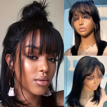 Brazilian Straight Bob Lace Front Wig With Bangs Remy Human Hair Black Color Wigs For Women Brown 33# Hair T Part Lace Wigs