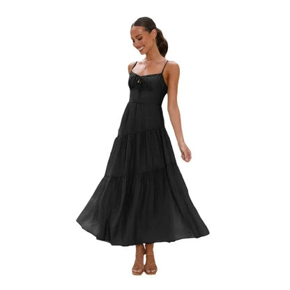 European And American Women's New Spliced Suspender Long Backless Tie Big Swing Dress With Lining