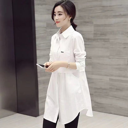 All-match Button Solid Midi Autumn Blouse for Female 2023 Korean Fashion Spliced Shirt Loose Long Sleeve Winter Polo-Neck Shirt