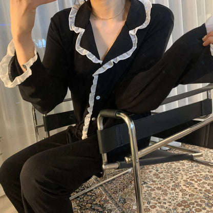 Women's Cute Pajamas Sets Autumn Winter Sleepwear Lady Long Sleeve Tops Pants 2 Pieses Solid Lingeries Sets Loungewear Nightwear