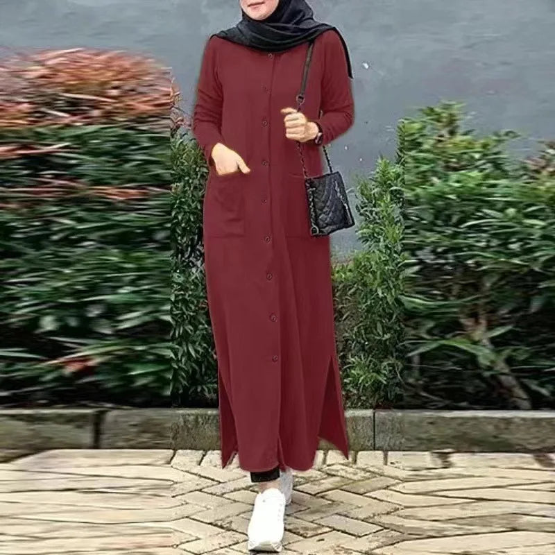 2024 Vintage Long Dress for Women Muslim Abaya Hajib Long Sleeve O-Neck Shirt Dress Females Casual Maxi Dress Arabic Modest Robe