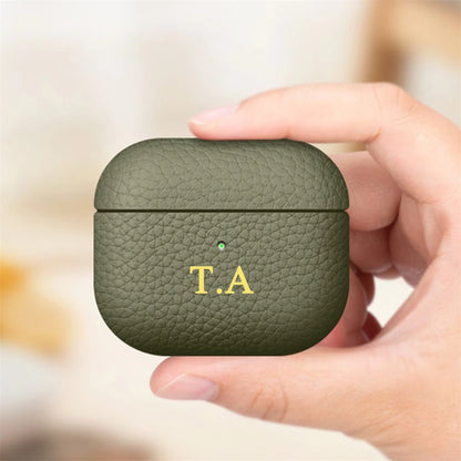 Personalized gold Initials Letters Customize Earphone Case For Airpods 1 2 3 Pro2 Luxury Lychee Skin Pattern With Keychain Cover