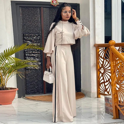 Lady Shopping Clothes Elegant Women's Top Pants Set with Lantern Sleeves High Waist Wide Leg Trousers Chic Office for Commuting